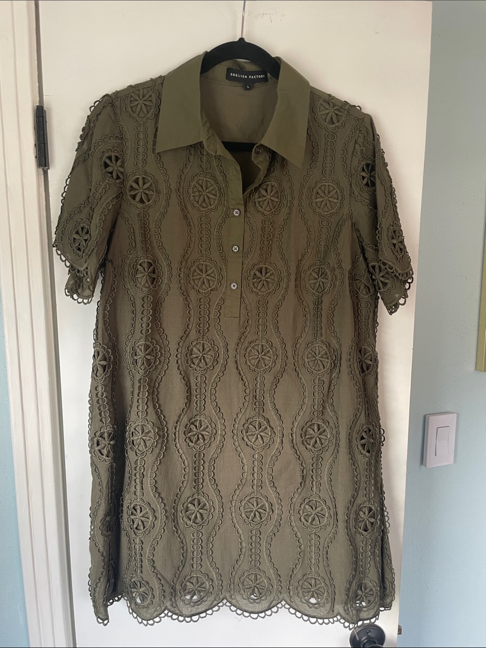 English Factory Scallop Embroidered Cotton Mini Shirt Dress